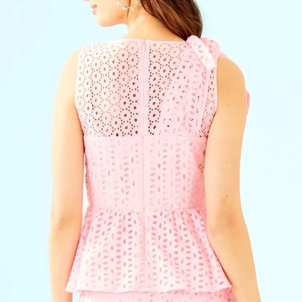Lilly Pulitzer Diana Pink Eyelet, Pink Tropics Peplum Top, NWT - Picture 4 of 9